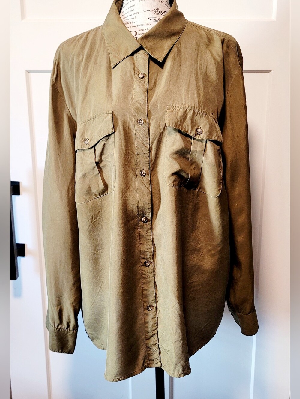 Ralph Lauren Womens Silk Button-Up Collared Long Sleeve shirt Sz 2X Olive Grn